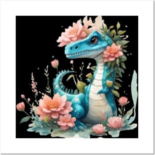 Cute floral trex dynosaur Posters and Art